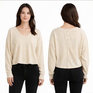 JoyLab Cream Waffle Knit Thermal Cropped V-Neck Long Sleeve Top S